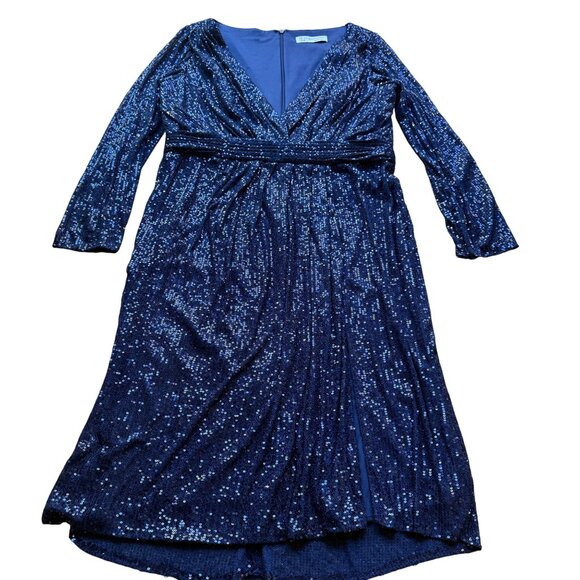 Ieena For Mac Duggal Size 16 Navy Sequin Long Sleeve Cocktail Faux Wrap Dress - Picture 2 of 16